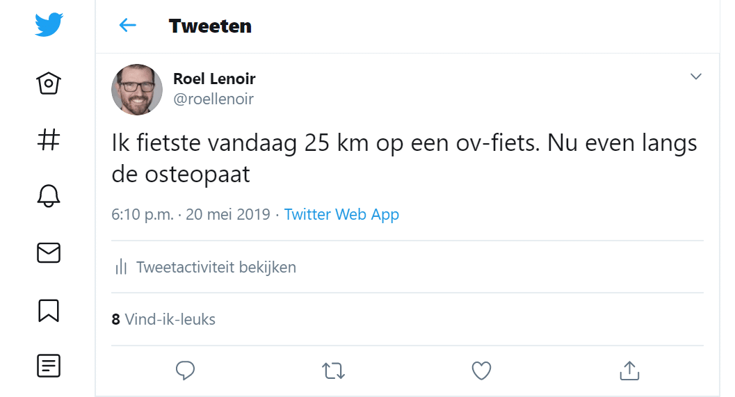 Tweet van Roel over zijn langste rit op de ov-fiets